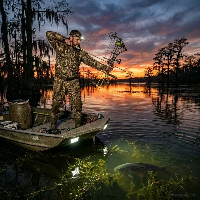 Bowfisherman drawing a compound bow on a flat-bottom boat at sunset in a Louisiana bayou, targeting carp in illuminated water