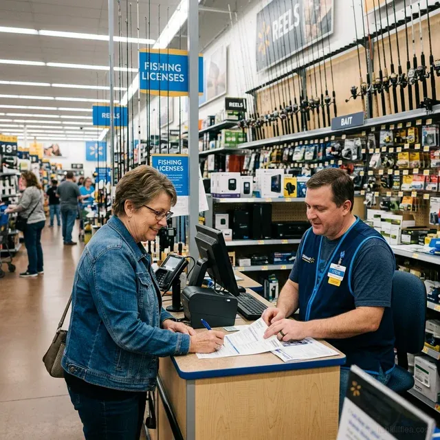 Buying a fishing license at a sporting goods counter
