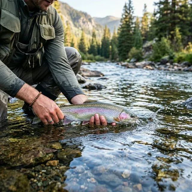 Fly fisherman gently releasing a rainbow trout back into a crystal clear mountain stream with golden morning light and evergreen forest