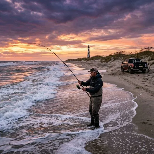 Surf fisherman casting at dawn on the Outer Banks beach with Cape Hatteras Lighthouse, 4x4 truck, and spectacular purple-orange sunrise