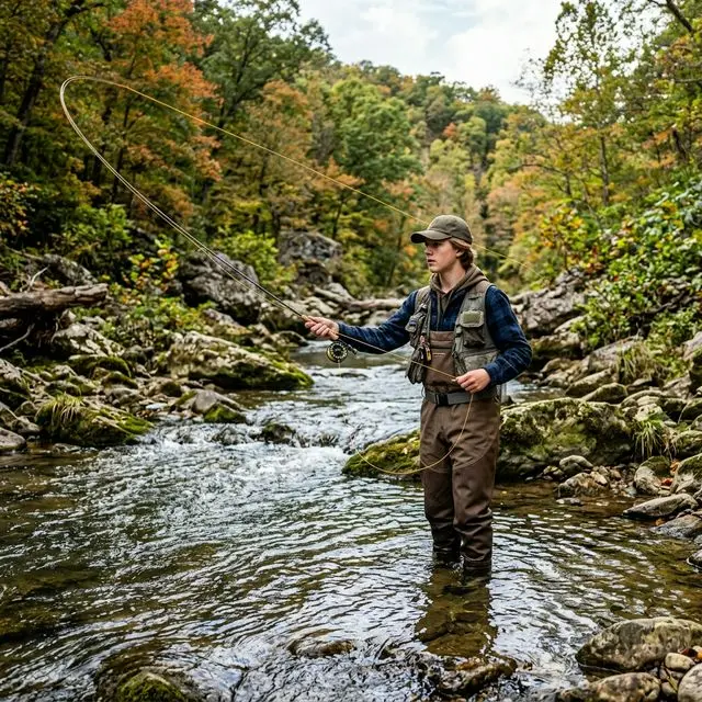 16-year-old teenager fishing independently in a rocky Missouri Ozark stream wearing waders