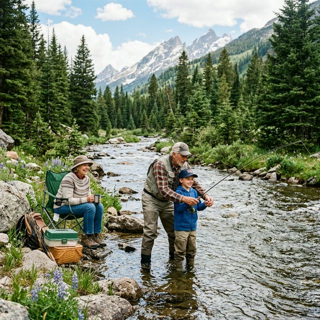 A father teaching his young daughter to cast a fishing rod in a shallow Wyoming mountain creek, wildflowers on the bank and mountains in the background
