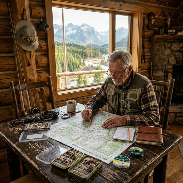 An angler studying fishing maps and fly boxes at a rustic log cabin table with the Teton mountains visible through the window