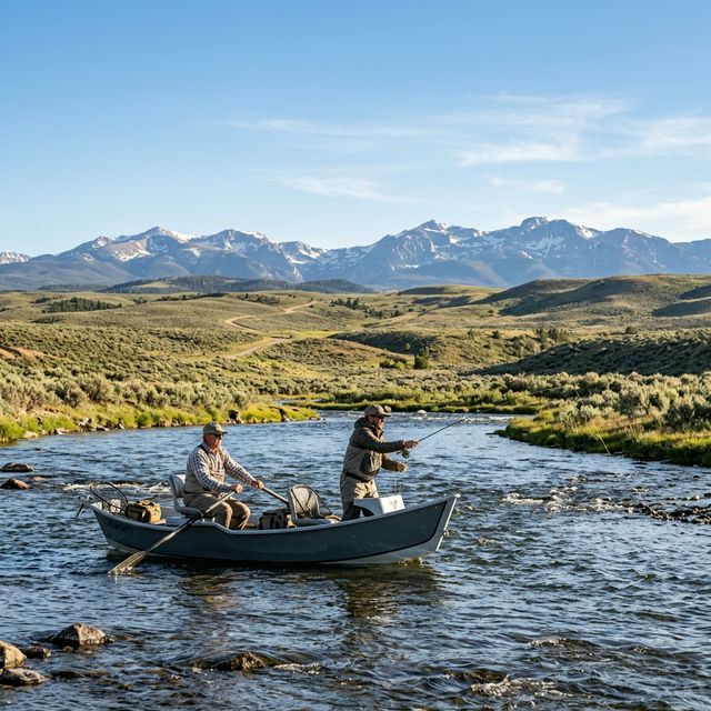 Two anglers in a drift boat fly fishing on the North Platte River near Casper, Wyoming, with sagebrush prairie and the Bighorn Mountains in the distance
