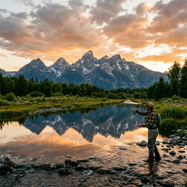 An angler fly fishing in the Snake River at sunset with the Grand Teton peaks reflected in the water, golden light illuminating the valley